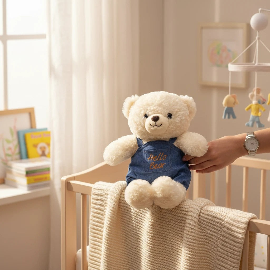 دب محشو ناعم من TagerlSaada بفرو كريمي يرتدي وزرة جينز زرقاء مطرزة بعبارة Hello Bear داخل غرفة أطفال