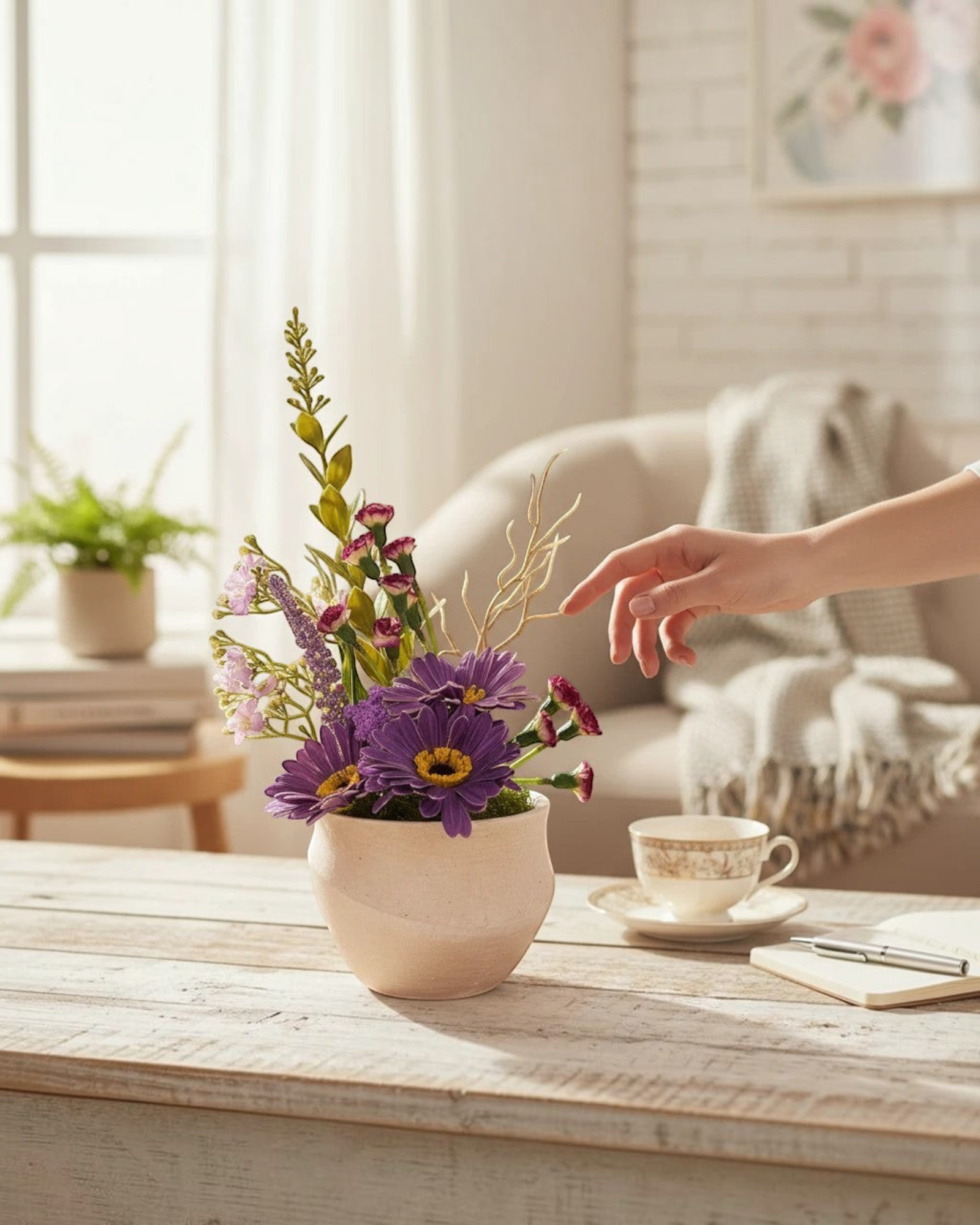 تنسيق زهور صناعية في أصيص فخاري مزخرف من تاجر السعادة، صورة توضح التفاصيل