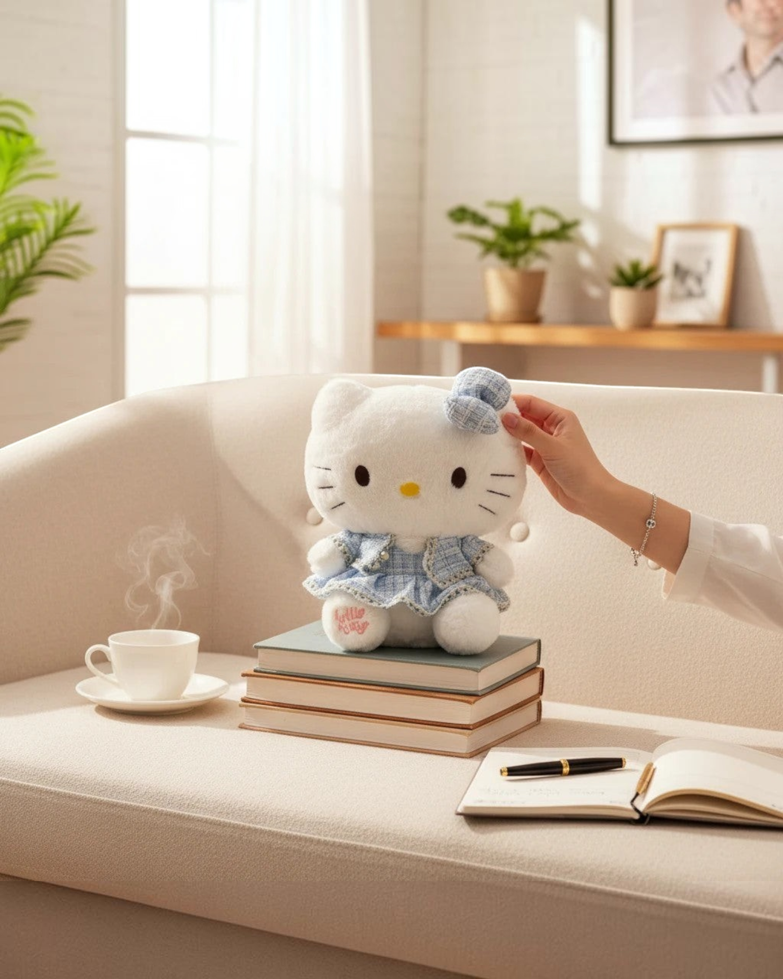دمية هيلو كيتي المخملية من TagerlSaada ترتدي فستاناً أزرق كاروهات وتجلس على كتب فوق أريكة في غرفة مشرقة