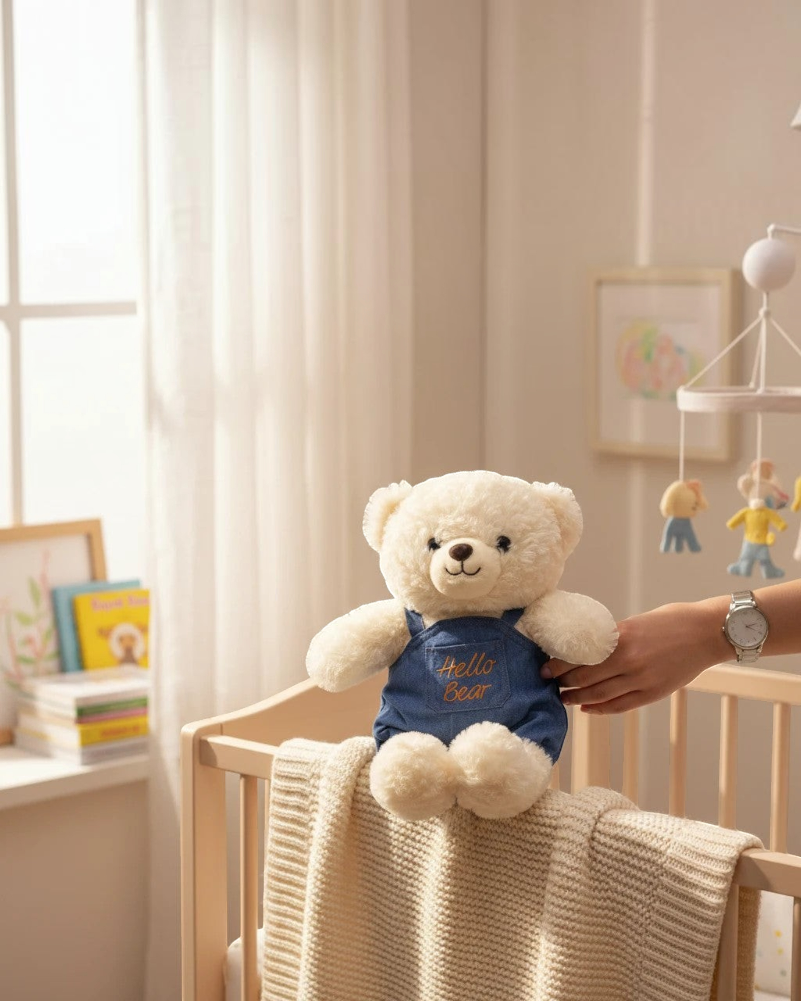 دب محشو ناعم من TagerlSaada بفرو كريمي ووزرة جينز مطرزة بعبارة Hello Bear يجلس على سرير أطفال