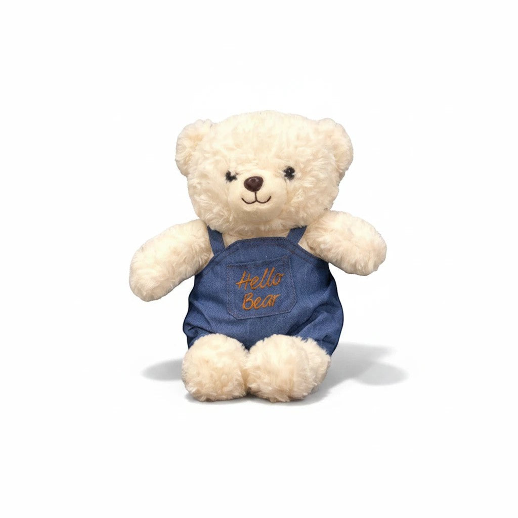 دب محشو ناعم من TagerlSaada بفرو كريمي ووزرة جينز زرقاء مطرزة بعبارة Hello Bear، مثالي كهدية للأطفال.